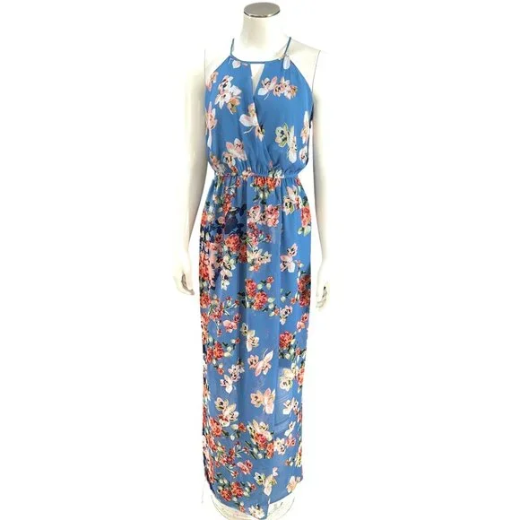 Sweet Storm S Blue Floral Halter Keyhole Lined Maxi Sundress Summer Boho Y2K 90s - Picture 13 of 13